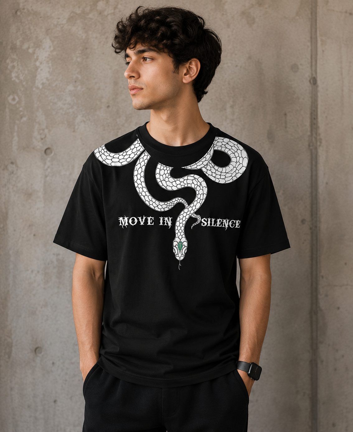 Men’s Black Snake Graphic Printed Half Sleeve T-Shirt | Move In Silence | Cotton Blend