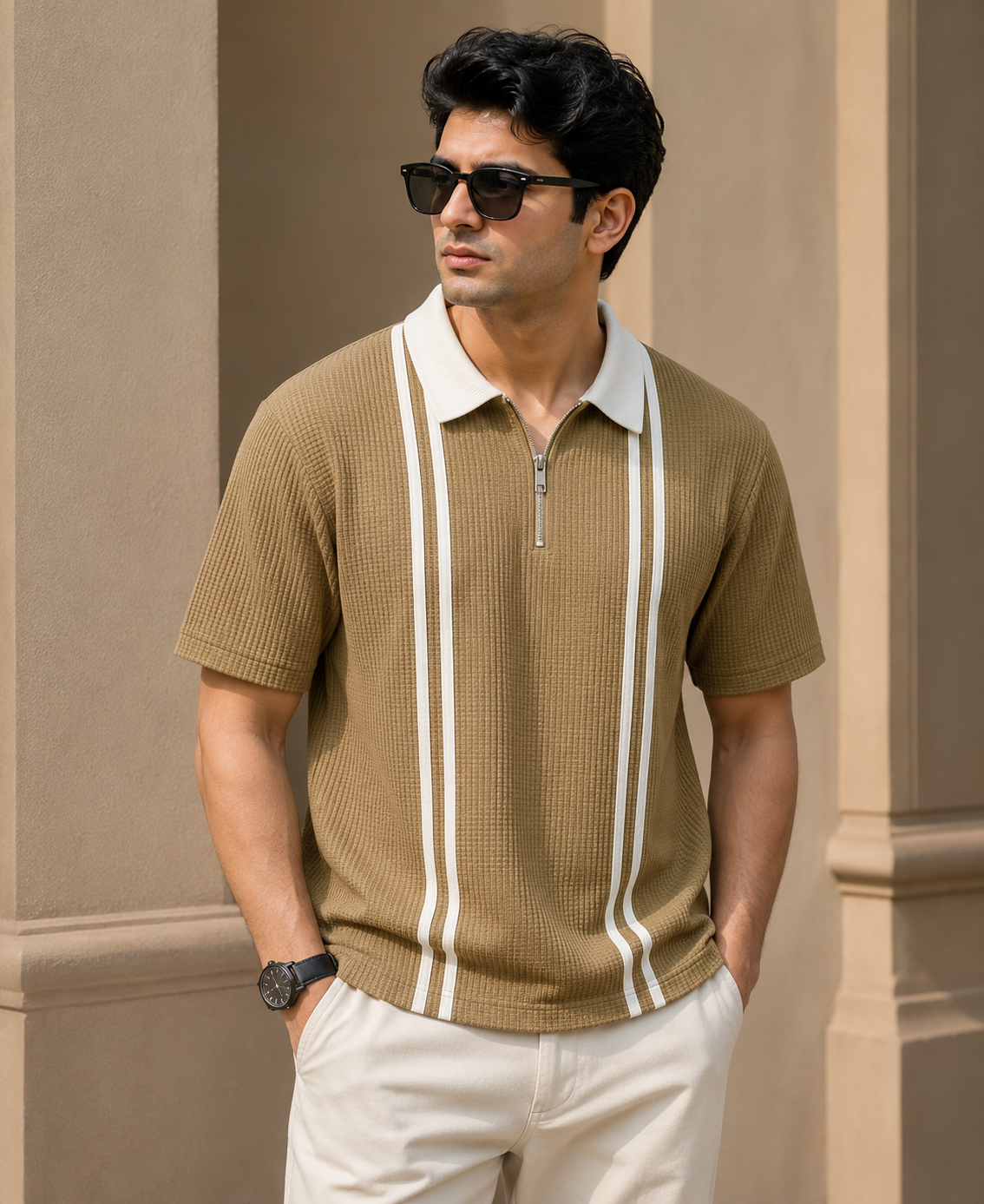 Men Polo Neck Zipper Half Sleeves Tshirt
