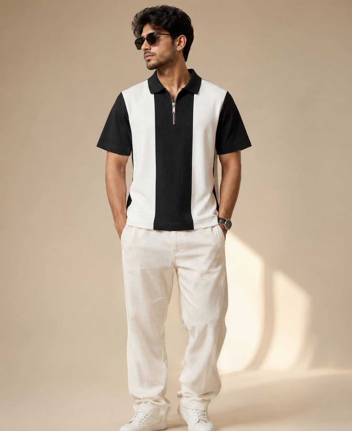 Men's Premium Striped Quarter-Zip Knit Polo T-Shirt
