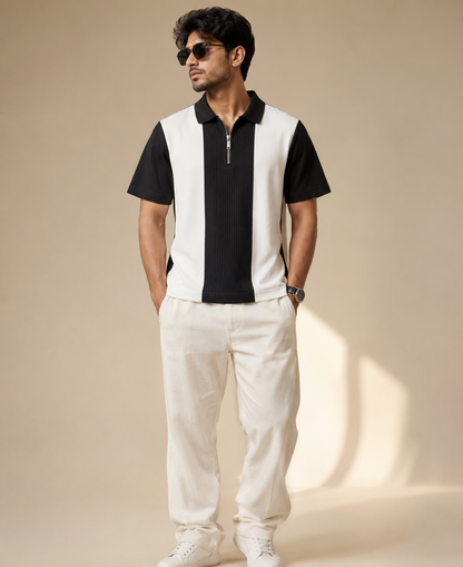 Men's Premium Striped Quarter-Zip Knit Polo T-Shirt