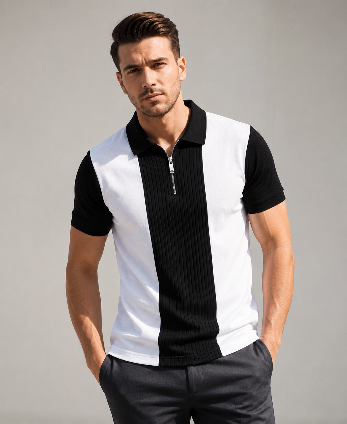 Men's Premium Striped Quarter-Zip Knit Polo T-Shirt