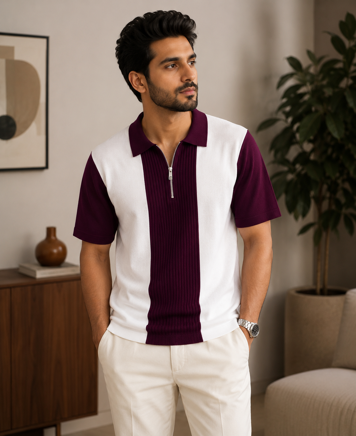 Men's Premium Striped Quarter-Zip Knit Polo T-Shirt