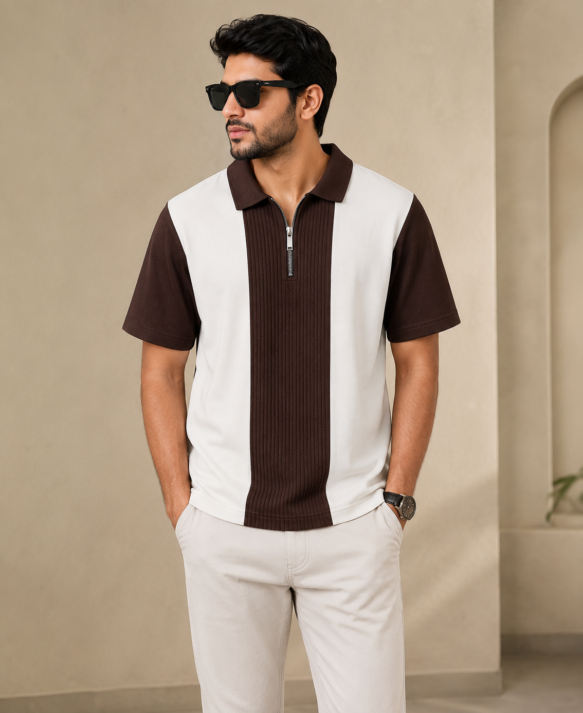 Men's Premium Striped Quarter-Zip Knit Polo T-Shirt