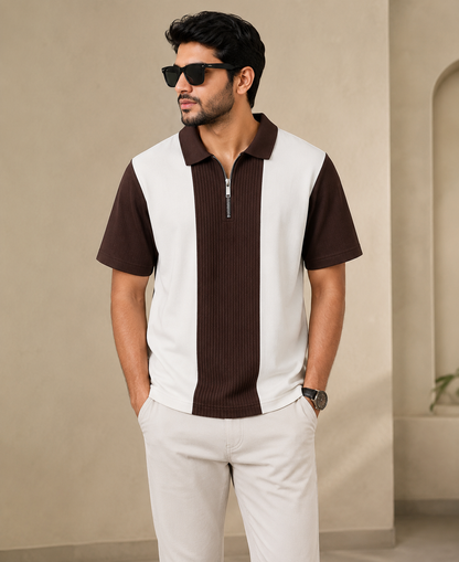 Men's Premium Striped Quarter-Zip Knit Polo T-Shirt