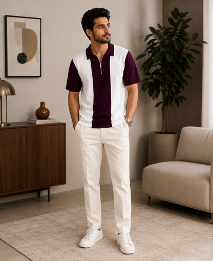 Men's Premium Striped Quarter-Zip Knit Polo T-Shirt