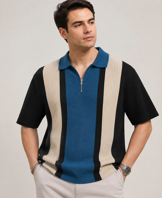 Men’s Half Sleeve Textured Panel Design Zip Polo T-Shirt