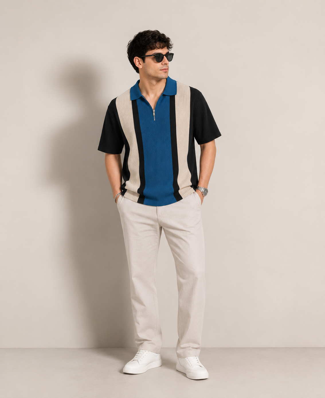Men’s Half Sleeve Textured Panel Design Zip Polo T-Shirt