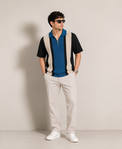 Men’s Half Sleeve Textured Panel Design Zip Polo T-Shirt
