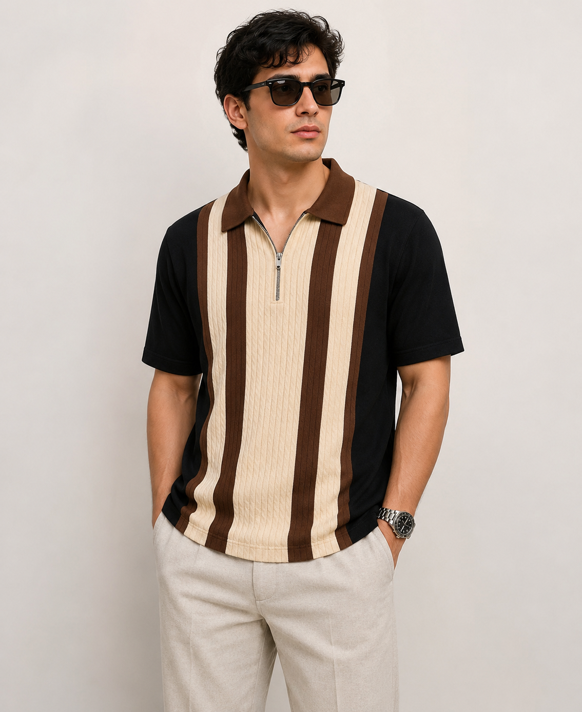 Men’s Half Sleeve Textured Panel Design Zip Polo T-Shirt