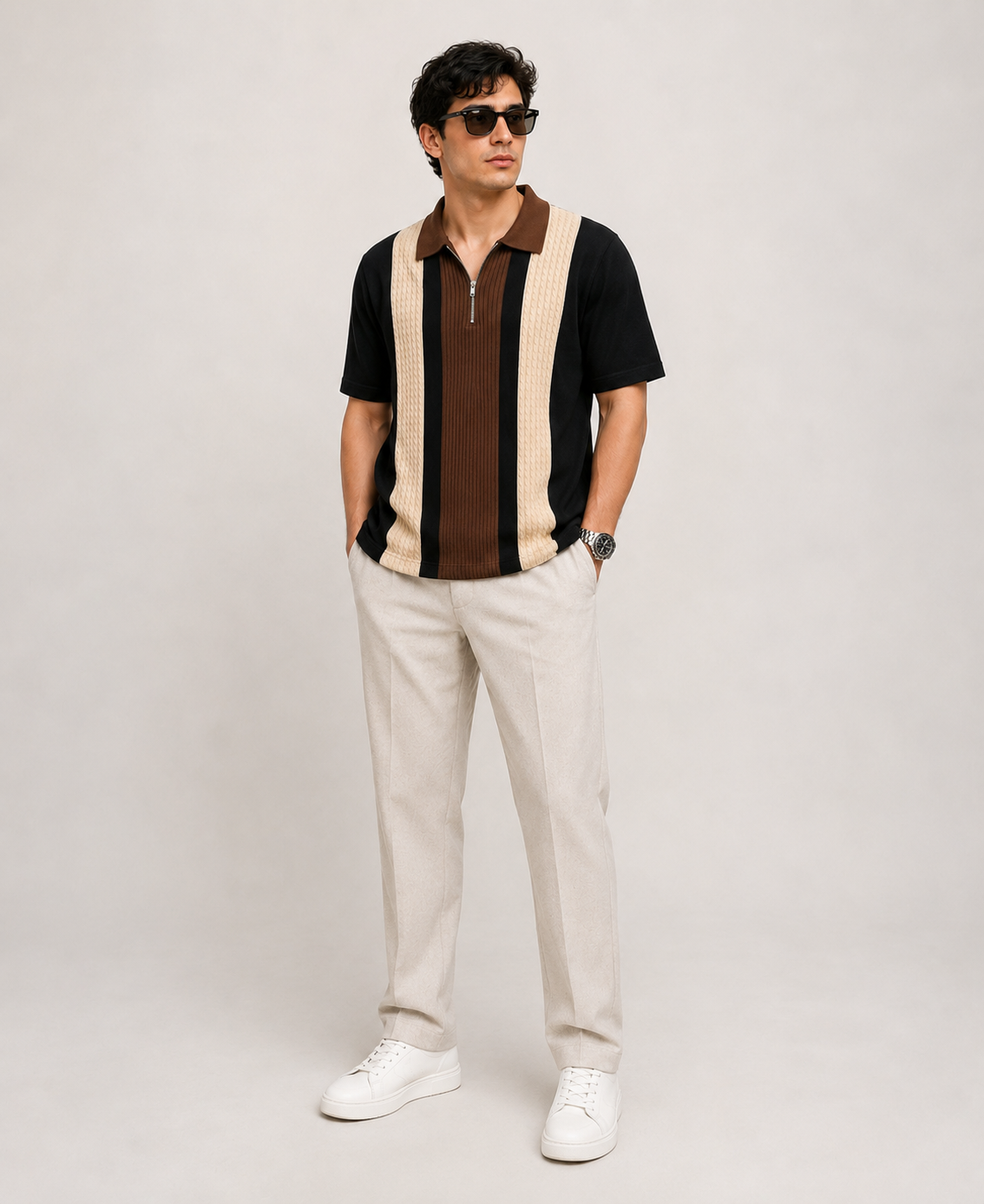 Men’s Half Sleeve Textured Panel Design Zip Polo T-Shirt