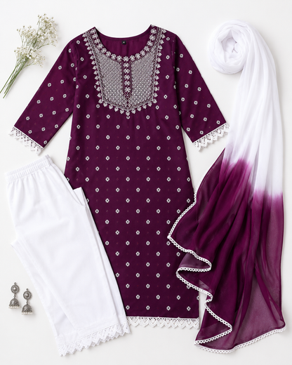 Women's Embroidered Kurta Pant & Dupatta Set | Elegant Ethnic Wear for Casual, Office & Festive Look