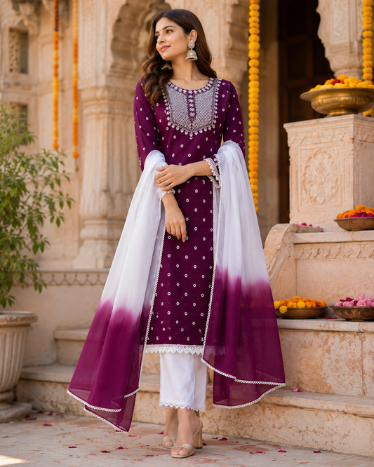 Women's Embroidered Kurta Pant & Dupatta Set | Elegant Ethnic Wear for Casual, Office & Festive Look
